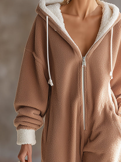 Combinaison en Polaire Kaki Confortable avec Capuche et Fermeture Éclair