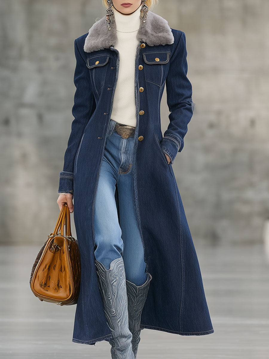 Longue Manteau en Jean Bleu Foncé avec Col et Bordure en Fourrure Rétro