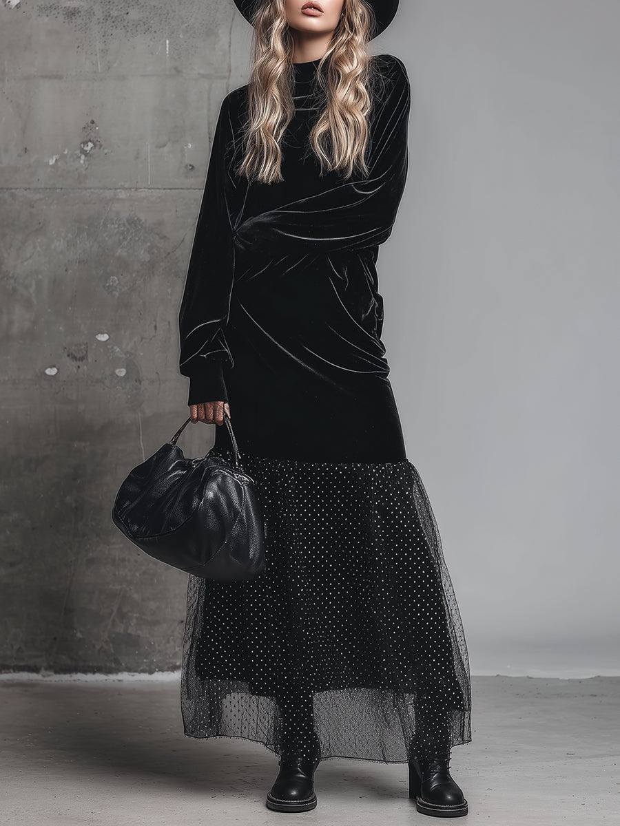 Robe Maxi en Velours Noir à Pois avec Col Mi-Haut Évasé