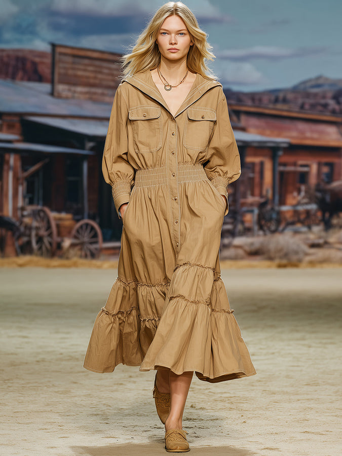 Robe Midi Kaki à Manches Longues avec Détails Volants Rétro