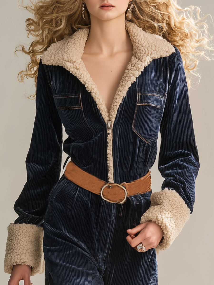 Combinaison Zippée en Velours Côtelé Bleu Marine avec Finitions en Laine d'Agneau Vintage