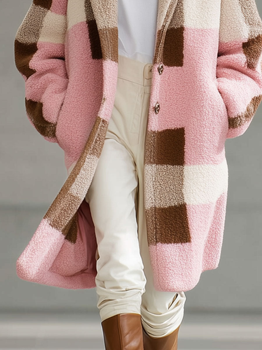 Veste en Polaire Rétro à Motif Carreaux Rose et Marron - Coupe Ample