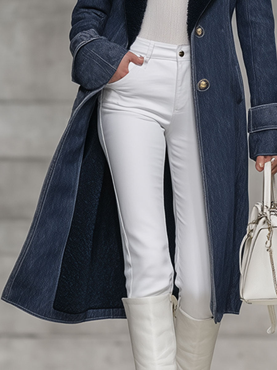 Veste en Denim Bleu Marine Vintage avec Doublure en Polaire