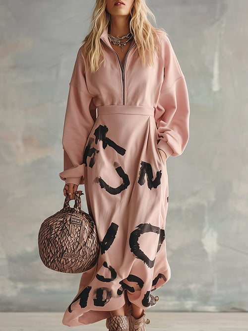 Pull à capuche rose à demi-zip avec imprimé streetwear tendance