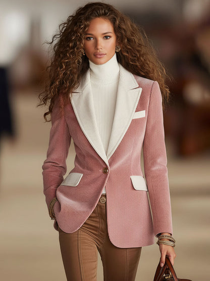 Blazer Casual en Velours Côtelé à Bouton Unique avec Détails Contrastés