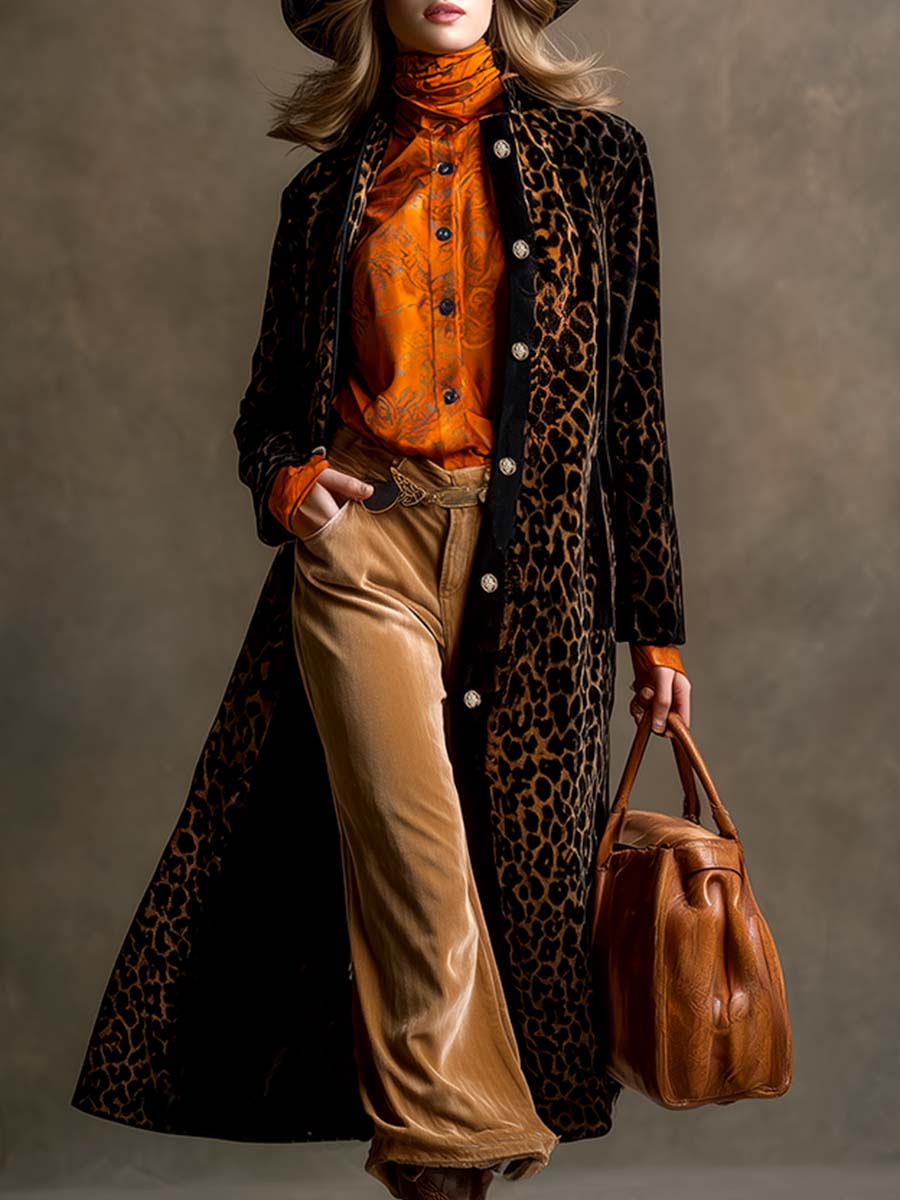 Veste en velours noir à motif léopard rétro avec col montant chic