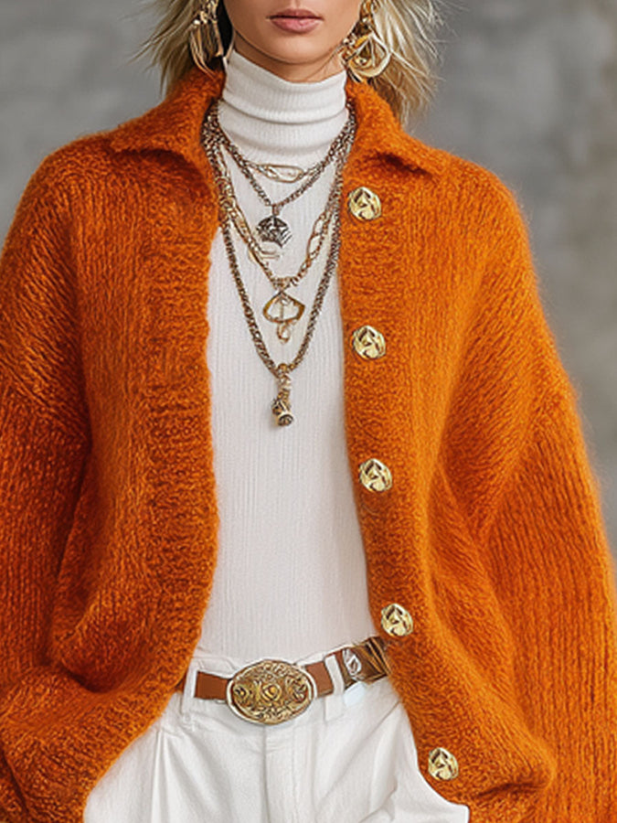 Cardigan Tricoté avec Col Orange et Boutonnage Élégant