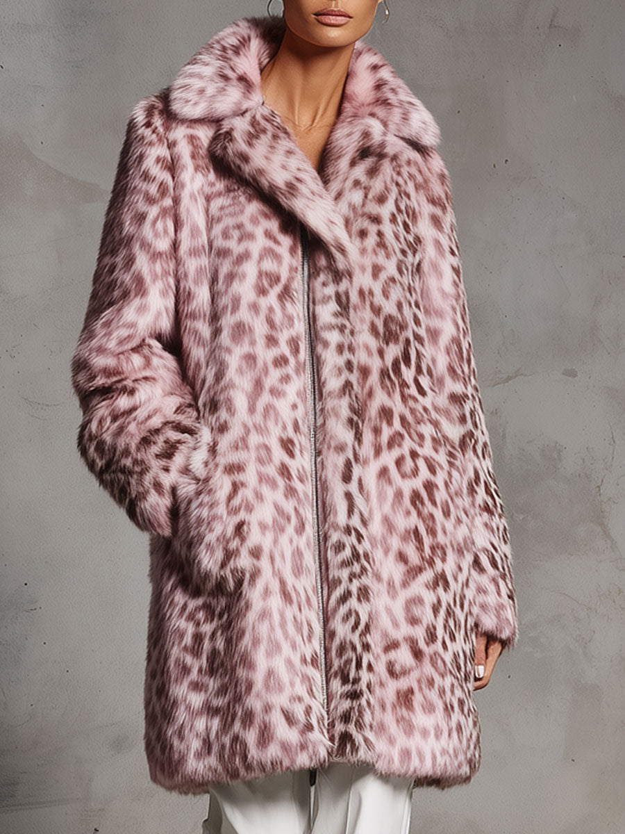 Veste en fausse fourrure léopard rose avec poches zippées - Style rétro décontracté