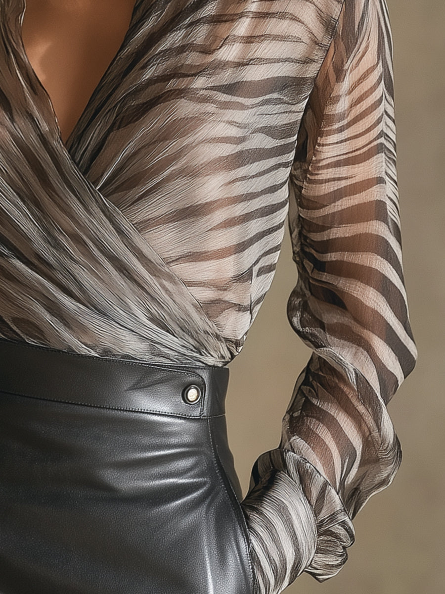 Élégante Chemise Longue à Manches Fluides au Motif Zèbre