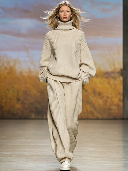 Ensemble Décontracté en Tricot Beige : Pull à Col Roulé et Pantalon
