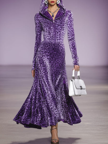 Robe Maxi en Velours Imprimé Léopard Violet avec Capuche