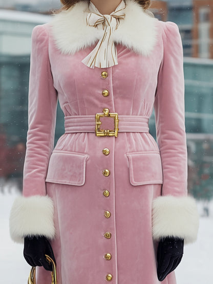 Veste en Velours Rose avec Col et Poignets en Fourrure