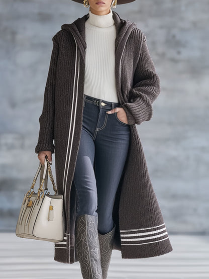 Cardigan Décontracté à Capuche en Tricot Rayé Chocolat