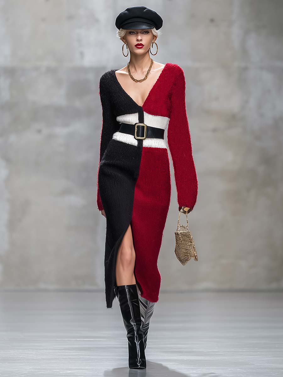 Robe Midi Tricotée à Fente - V-Neck en Noir, Blanc et Rouge