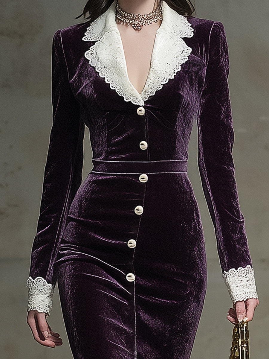 Robe Midi Élegante en Velours Violet avec Broderie en Dentelle et Détails Boutonnés