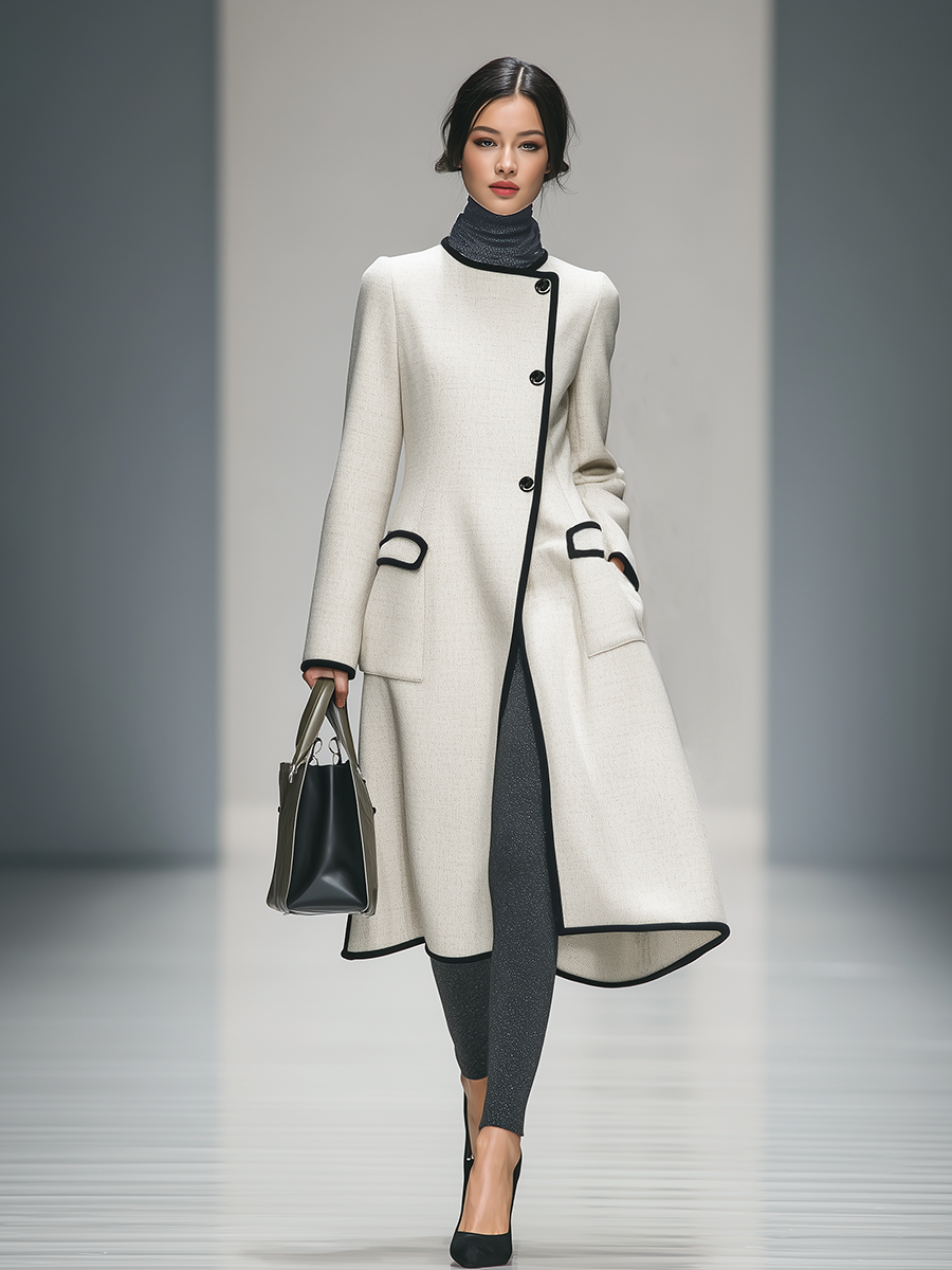 Veste Rétro Élégante à Col Rond et Manches Longues avec Détails Contrastants