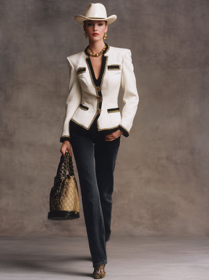 Élégante Veste en Laine à Col en V avec Détails Contrastants