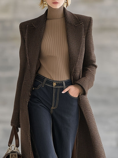 Long Houndstooth Brown Wool Coat - Retro Chic