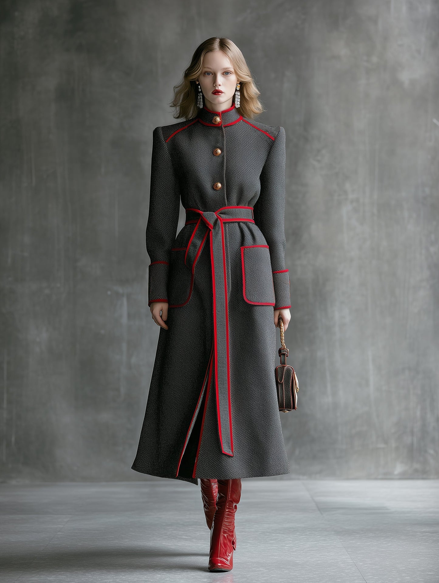 Veste en Laine Twill Gris Élégante avec Col Montant et Détails Rouges