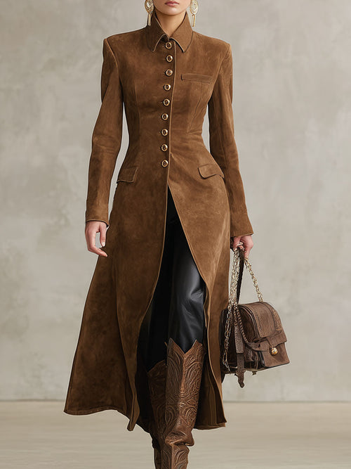 Veste en Faux Suède Style Western avec Col Revers et Boutonnage Simple