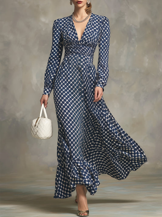 Robe Maxi Rétro en Chiffon Épais à Pois Bleus avec Décolleté en V