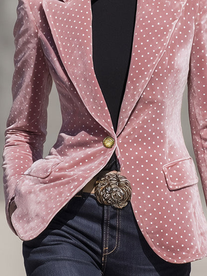 Élégant Blazer en Velours à Pois Blancs Rétro avec Bouton