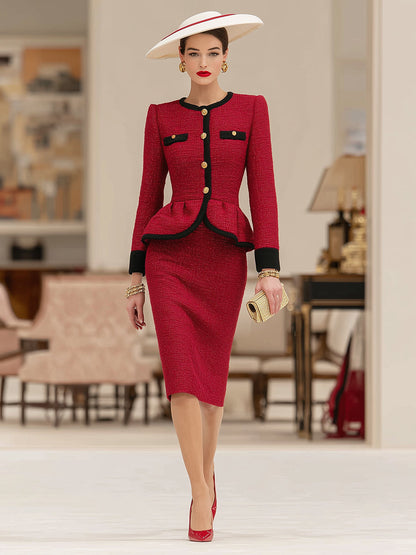 Ensemble Élégant : Veste Noire et Jupe en Tweed Rouge Vintage