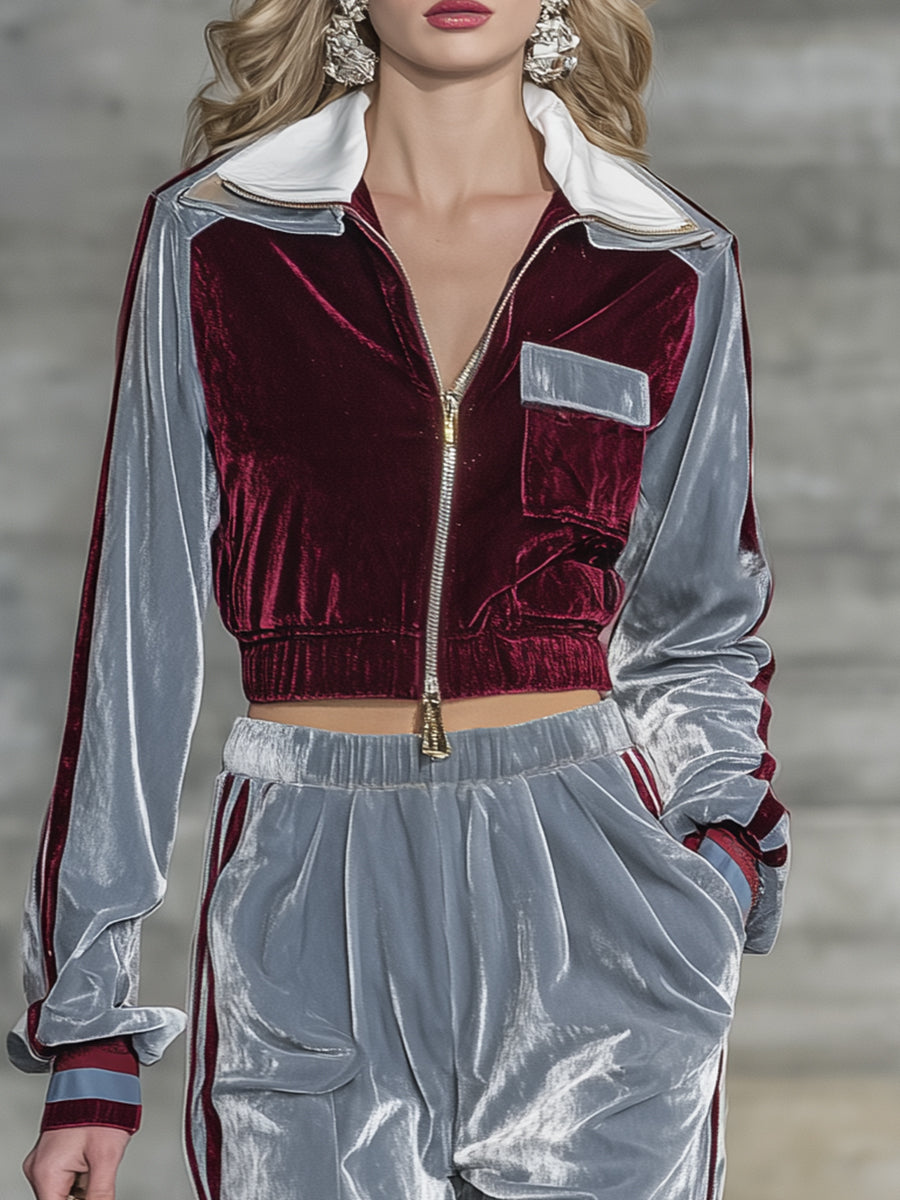Veste Chic en Velours Bicolore avec Pantalon Ample - Élégance Haut de Gamme