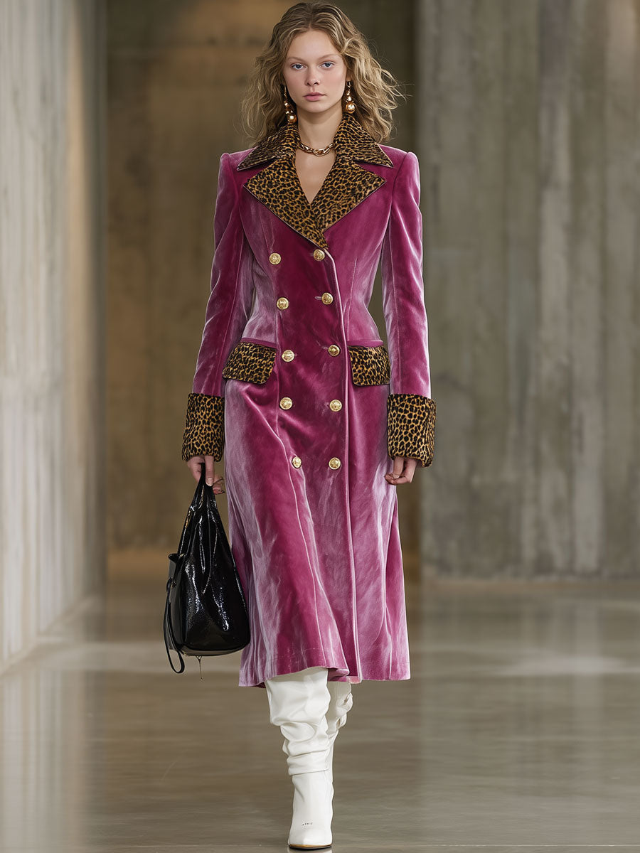 Long Velvet Coat in Vintage Brown Leopard Print with Rose Red Elegance