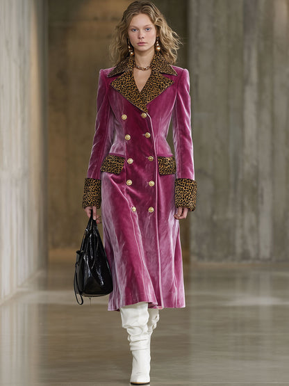 Long Velvet Coat in Vintage Brown Leopard Print with Rose Red Hue