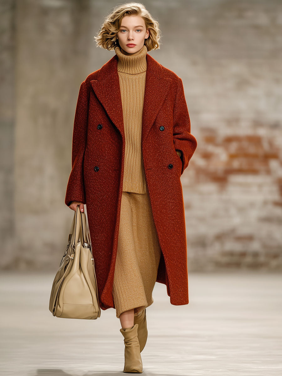 Veste Longue en Laine Rouge Brique : Élégance Rétro et Style Ample