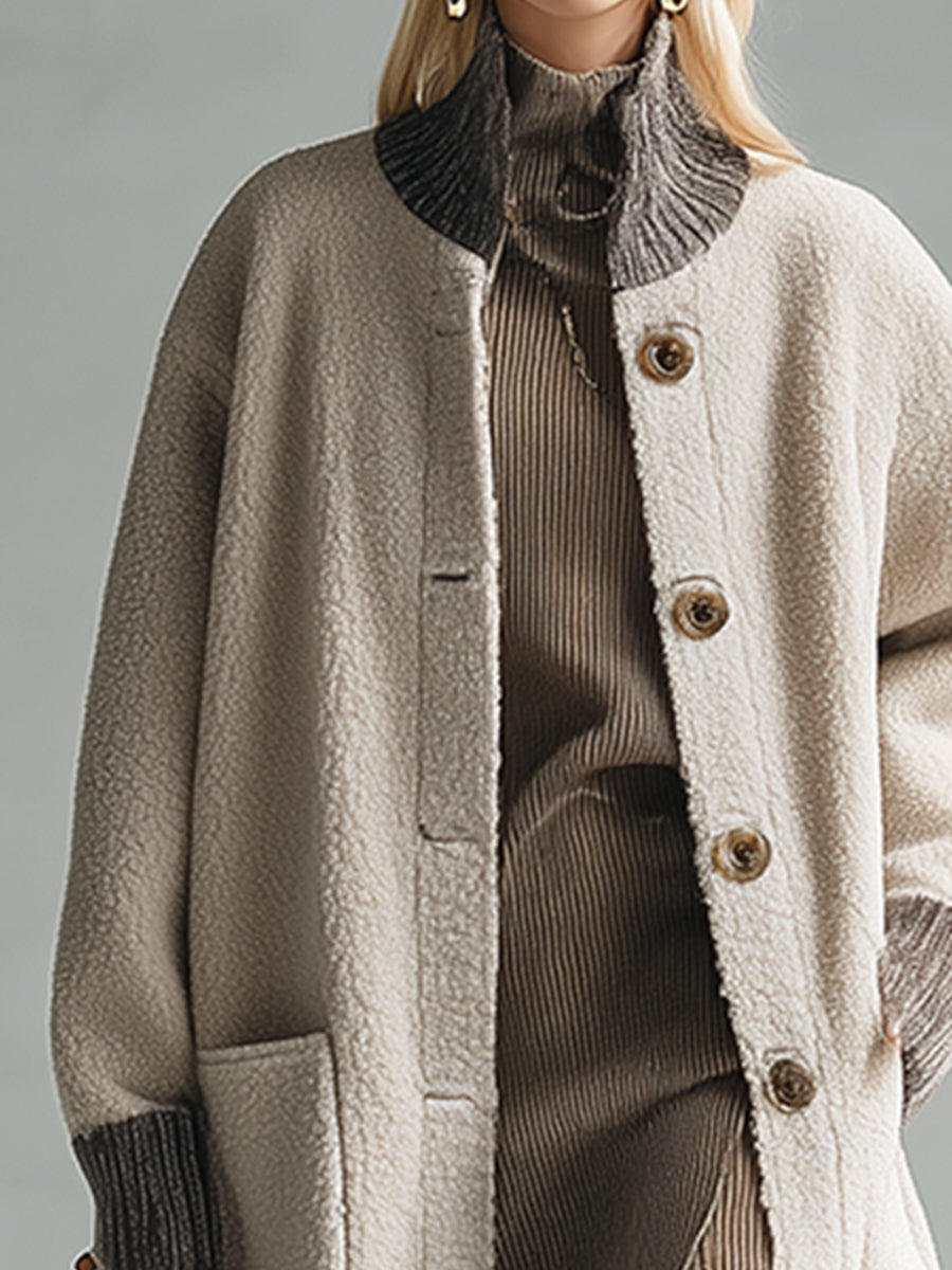 Veste Polaire Beige au Bord Contrasté - Style Rétro Décontracté