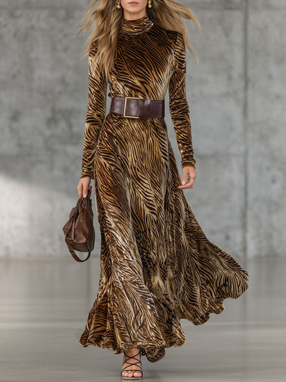 Robe Maxi Longue en Velours Doré à Imprimé Zebra - Élégance Rétro