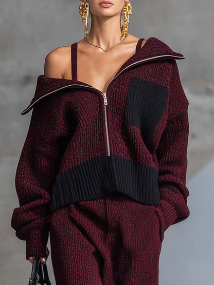 Ensemble Chic en Tricot Bordeaux avec Zip Avant et Col Off-Shoulder