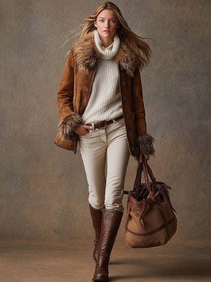 Veste Marron en Suède Synthétique avec Finition Vintage Western en Laine