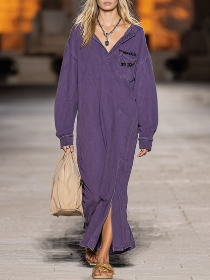 Rétro Violet : Robe Maxi Sportive Décontractée à Manches Longues et Capuche avec Fente