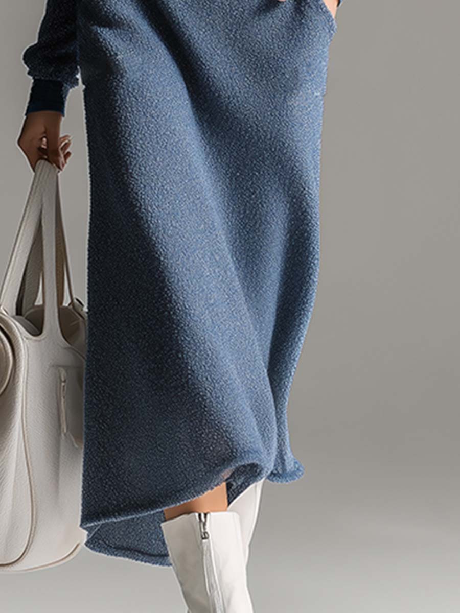 Robe Maxi en Polaire Douce Bleu Ciel à Col en V - Élégance Décontractée