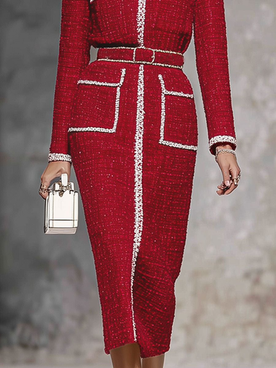 Robe Midi Élégante à Col Rond en Tissu Texturé