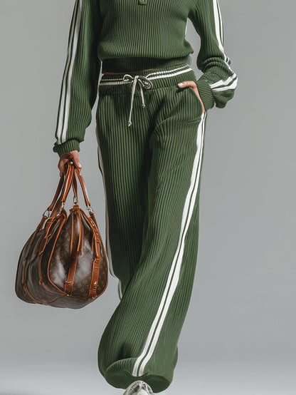 Ensemble Sportif en Maille Verte avec Demi-Zip et Pantalon Relax