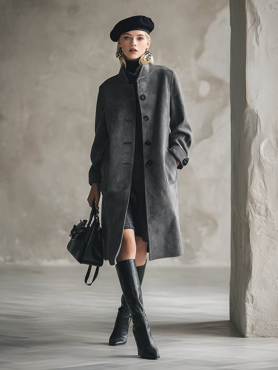 Élégant Manteau en Laine Gris Foncé avec Col Montant et Boutonnage