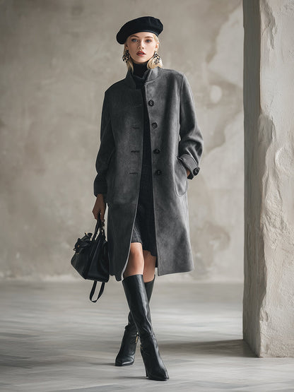 Élégant Manteau en Laine Gris Foncé avec Col Montant et Boutonnage