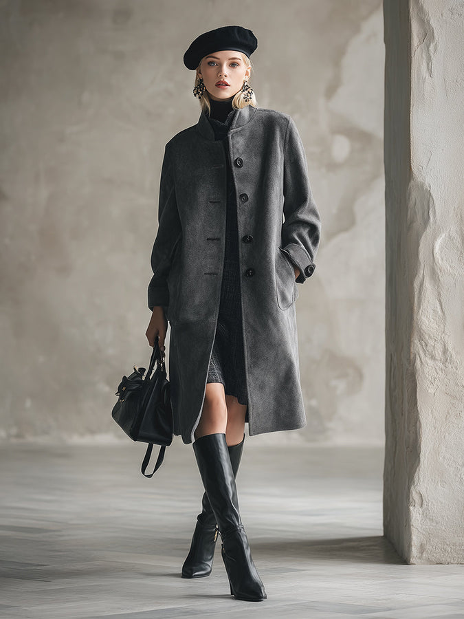 Élégant Manteau en Laine Gris Foncé avec Col Montant Boutonné