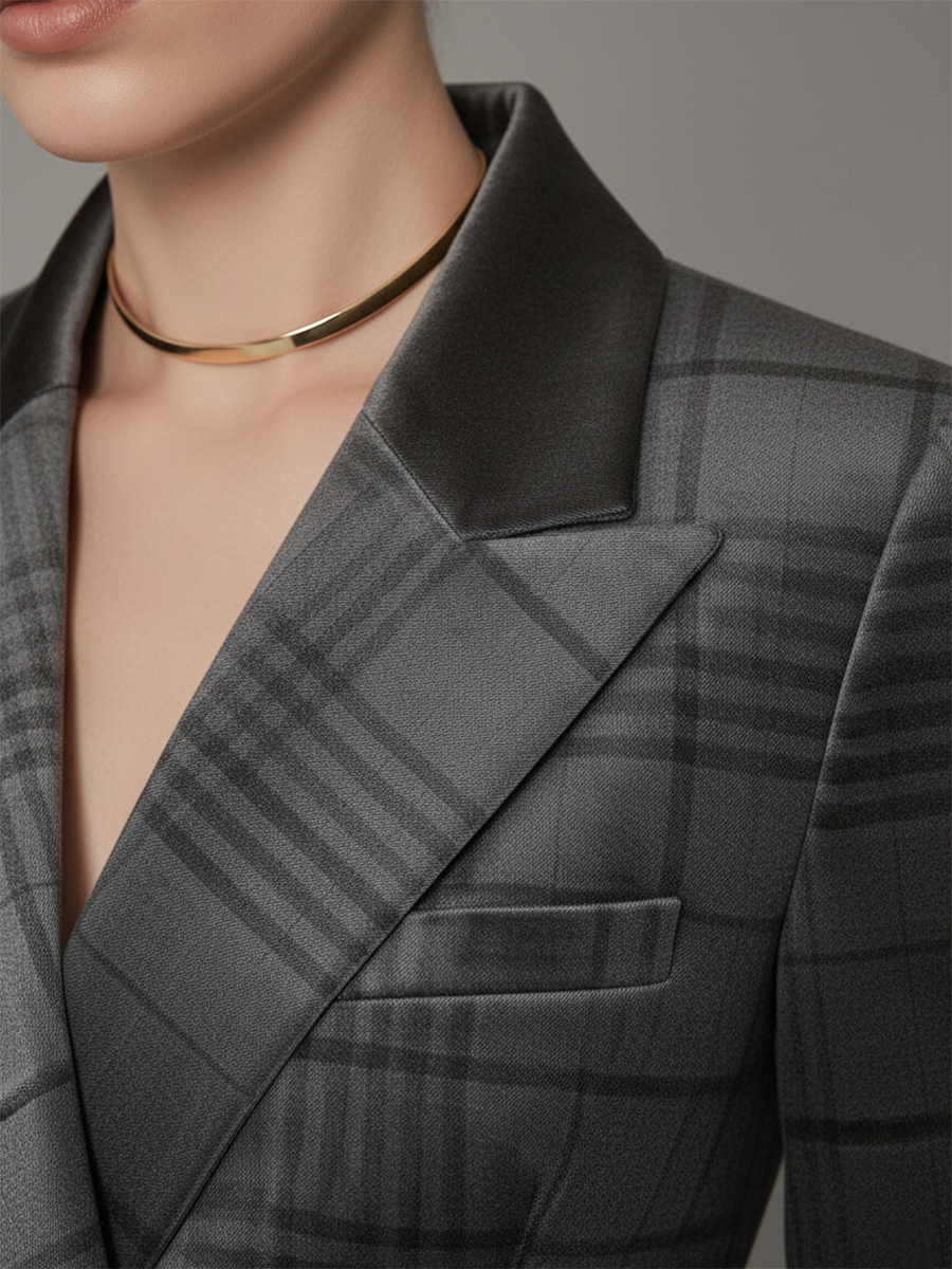 Veste Velours Vintage à Imprimé Vichy avec Double Boutonnage