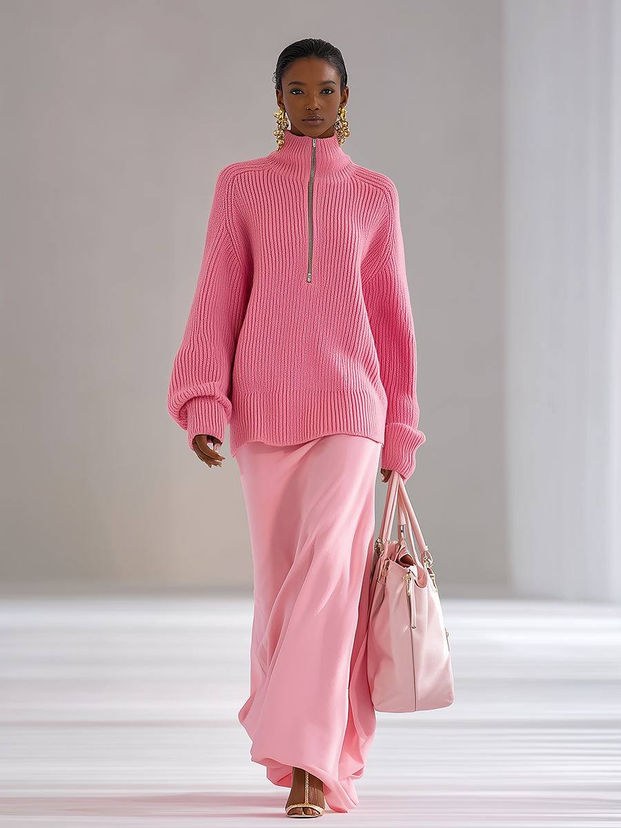 Chic Pull Uni à Col Montant Zippé et Manches Longues