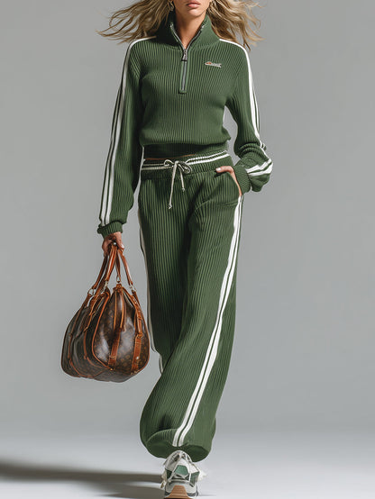 Ensemble Sportif en Tricot Vert avec Col Zippé et Pantalon Décontracté