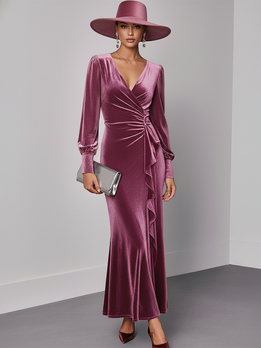 Robe Maxi Élégante en Velours avec Col en V et Manches Longues à Volants