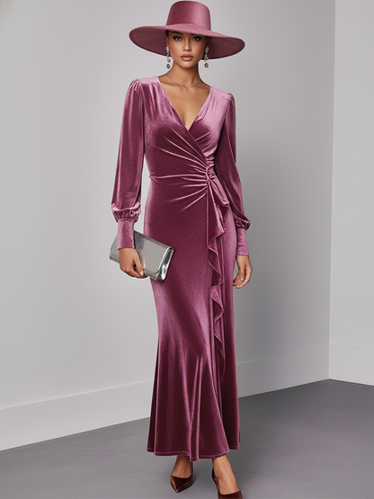 Robe Maxi Élégante en Velours avec Col en V et Manches Longues à Volants