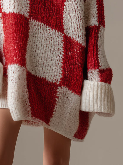 Robe Mini Tricotée à Col Asymétrique en Étoffe à Carreaux Rouges et Blancs