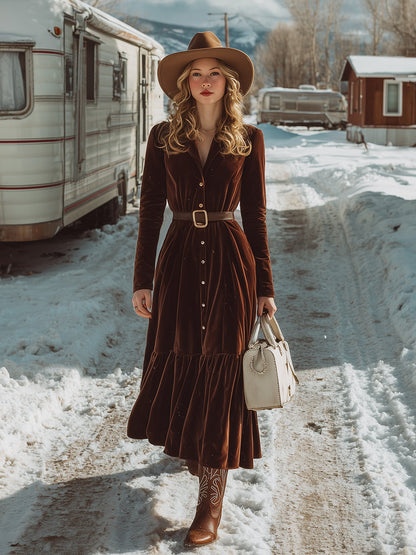 Maxi Robe Plissée en Velours Brun avec Revers Élégants et Détails Boutonnés