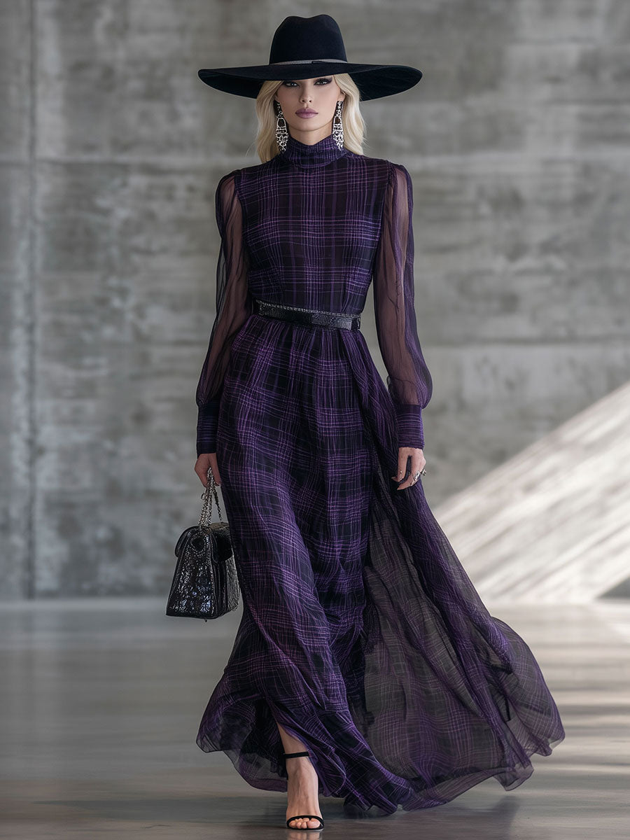 Robe Maxi Vintage Violet en Organza et Coton à Carreaux avec Col Roulé et Manches Longues